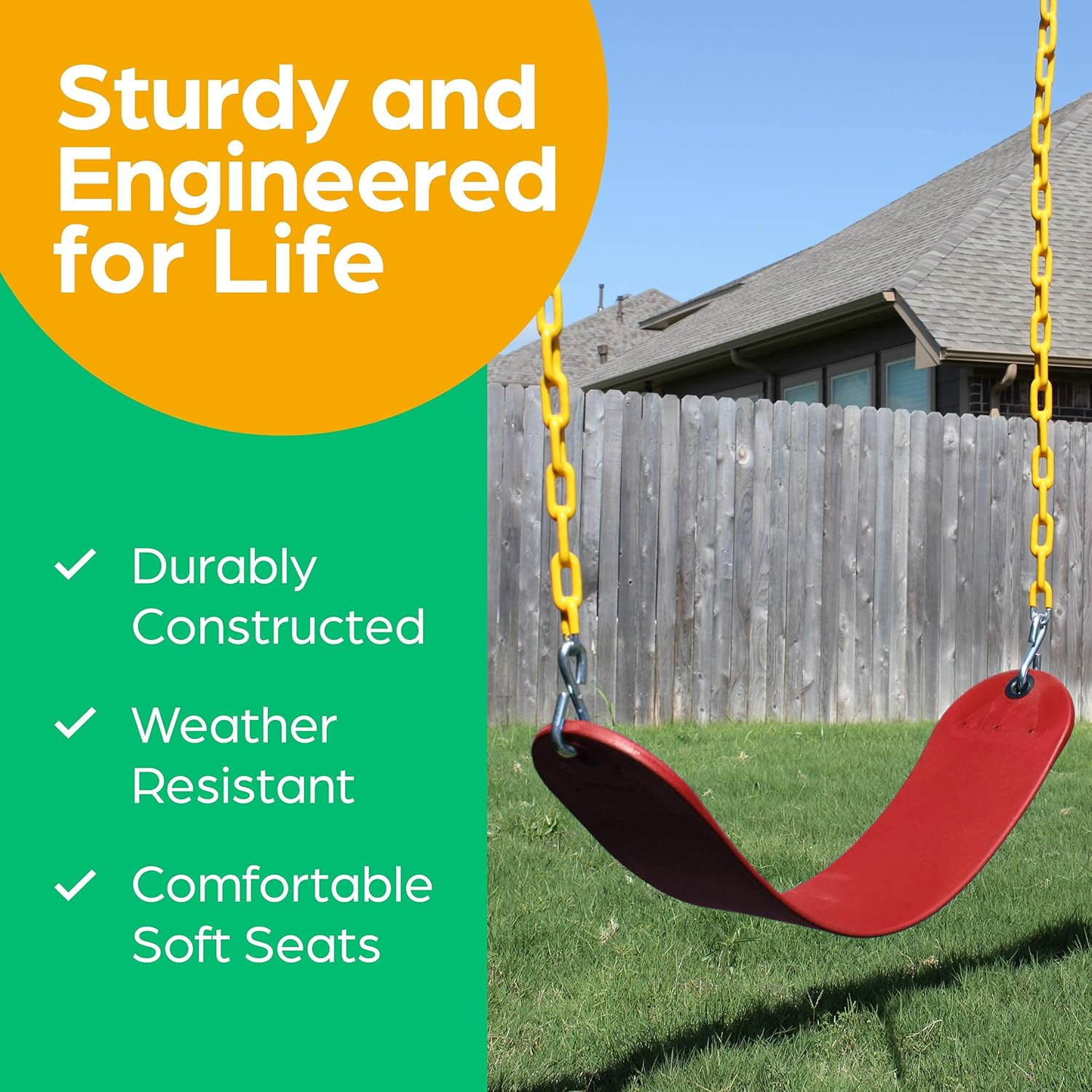 Outdoor Swing Seat Replacement - Pack of 1 Replacement Swings for Swingsets for outside with Plastic Coated Chains and 2 Hooks, Playground Accessories, Red image 2