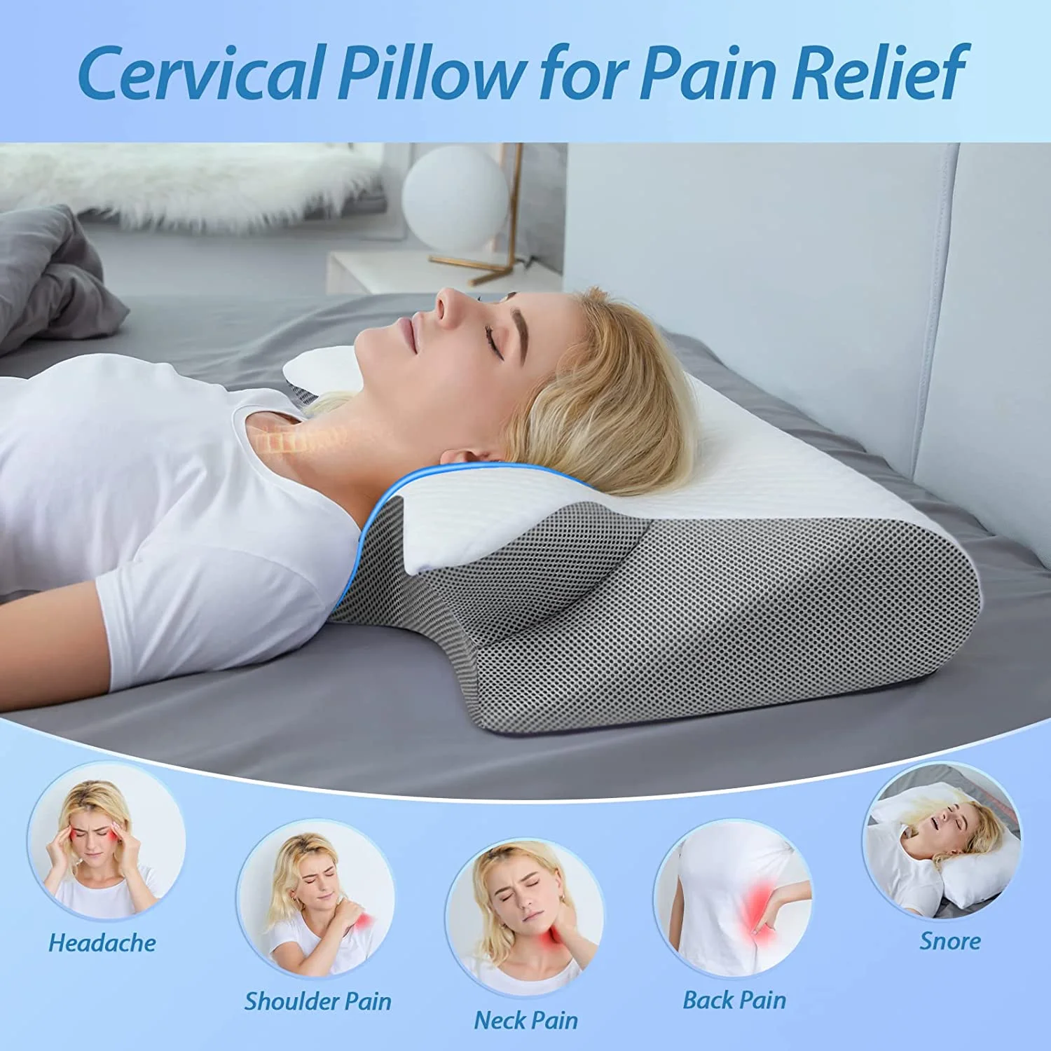 Memory Foam Cervical Sleeping Pillow, 2 in 1 Ergonomic Contour Orthopedic Pillow for Neck Pain, Contoured Support Pillows for Side Back Stomach Sleepers 3.3 Lb （Gray) image 1