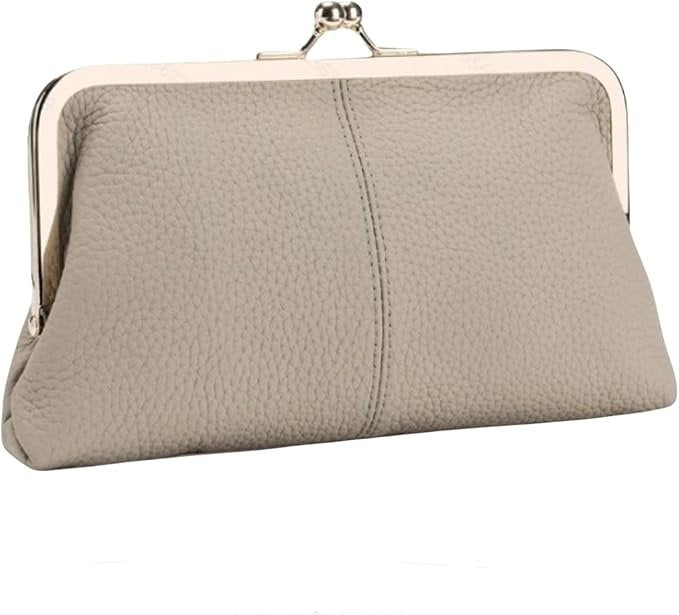 Wallet For Women, Genuine Leather Coin Purse Kiss Lock Wallets With Zipper Coin Pocket, Multi-card Slots Card Holder - Grey image