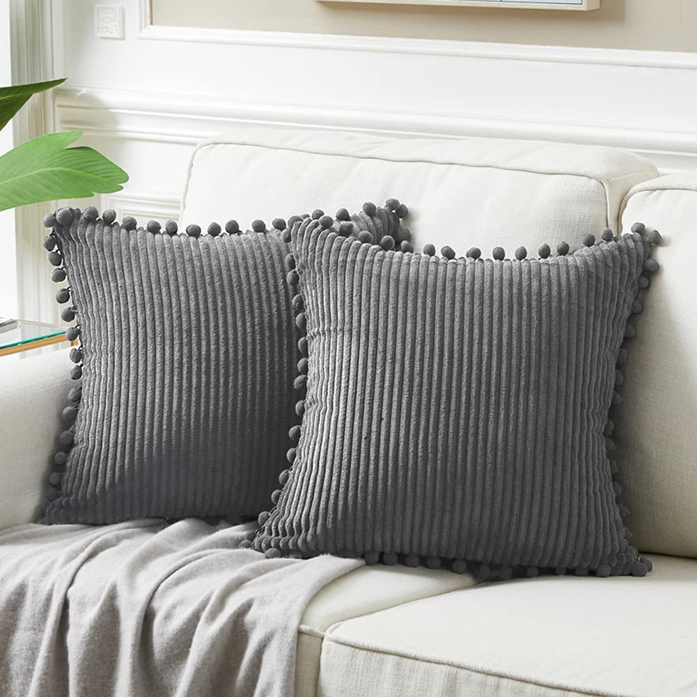 Dark Gray Decorative Throw Pillow Covers 18X18 Inch with Pom Poms, Boho Farmhouse Home Decor, Soft Corduroy Accent Square Cushion Case for Living Room Couch Bed Sofa 45X45 Cm image 0