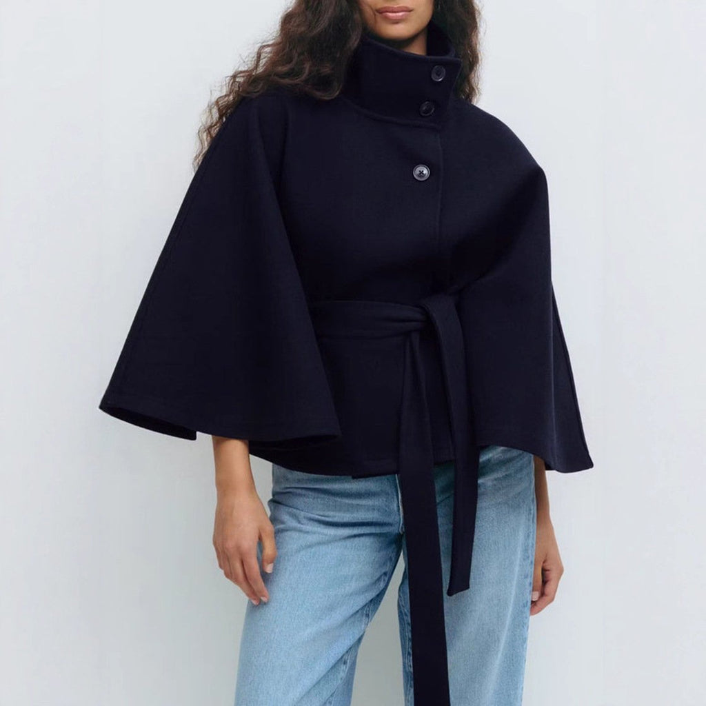 Winter High Neck Batwing Sleeve Coat With Belt Fashion Loose Elegant Button Top Trench Coat For Women Clothing image 8