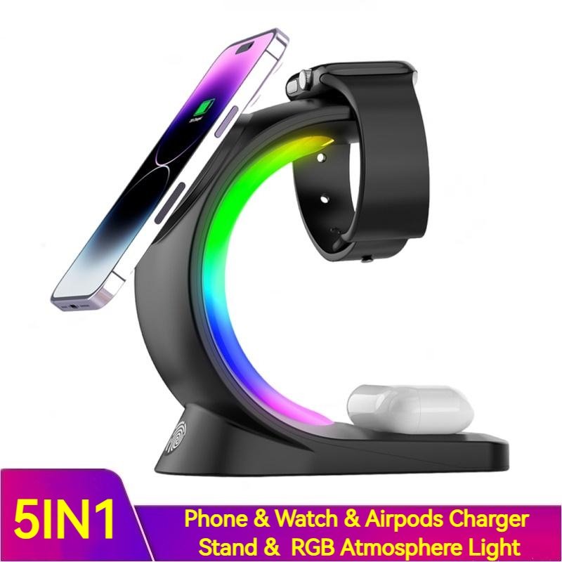 4 In 1 Magnetic Wireless Charger Fast Charging For Smart Phone Atmosphere Light Charging Station For Airpods Pro I-phone Watch image 3