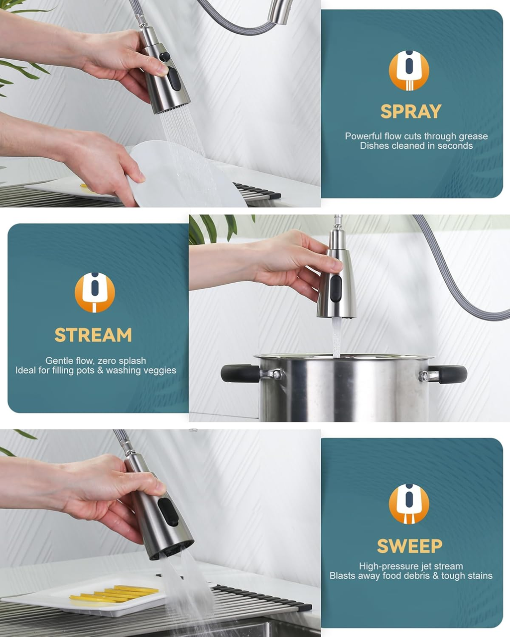 Kitchen Faucet with Sprayer, Kitchen Sink Faucet, SUS 304 Stainless Steel, High Arc Single Handle Brushed Nickel Kitchen Faucets with Pull down Sprayer, Pull Out Kitchen Faucet with Deck Plate image 3