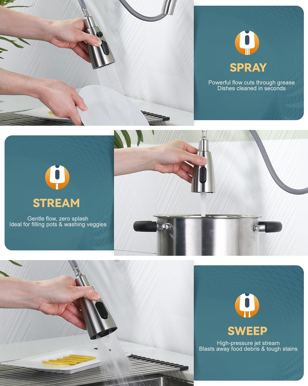 Kitchen Faucet with Sprayer, Kitchen Sink Faucet, SUS 304 Stainless Steel, High Arc Single Handle Brushed Nickel Kitchen Faucets with Pull down Sprayer, Pull Out Kitchen Faucet with Deck Plate image 3
