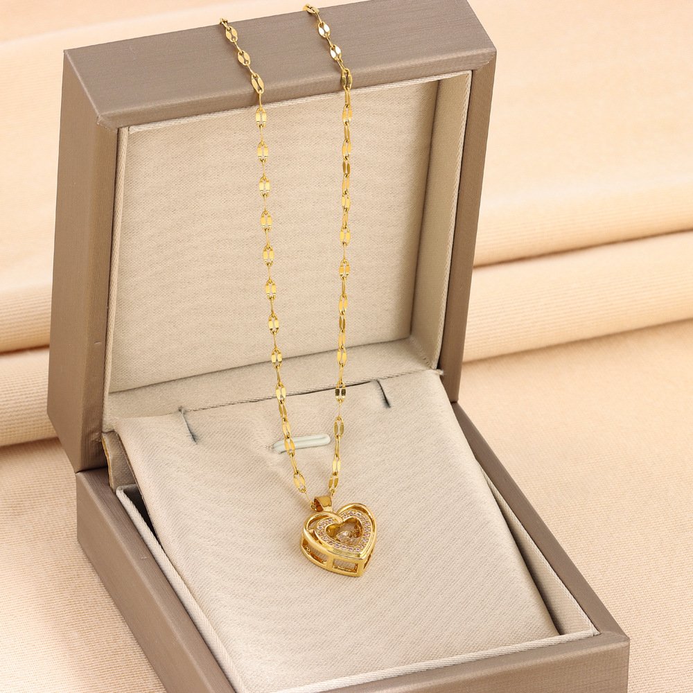 Double-layer Love Necklace With Rhinestones Titanium Steel Pendant Fashion Jewelry Woman Valentines Day Gift image 3
