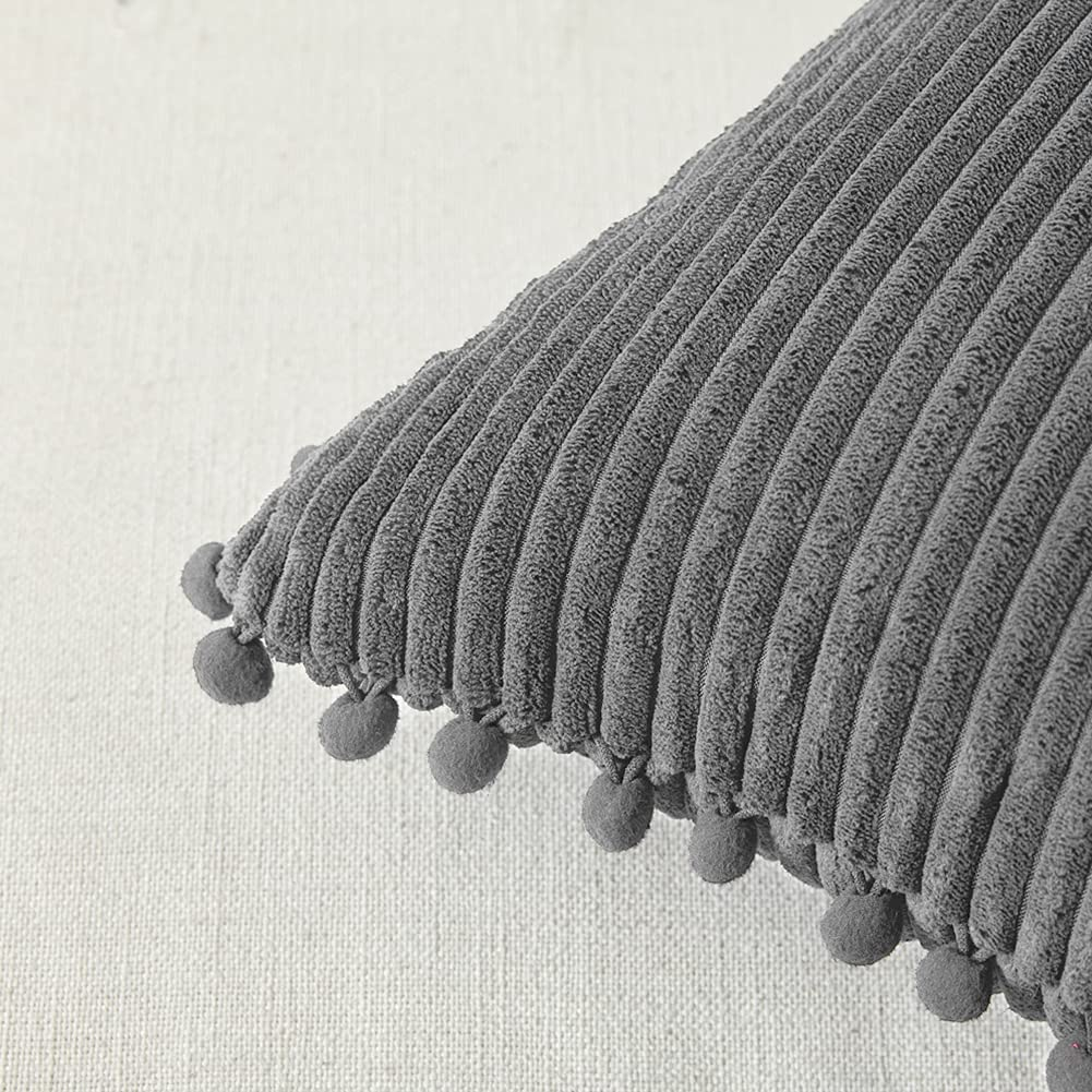 Dark Gray Decorative Throw Pillow Covers 18X18 Inch with Pom Poms, Boho Farmhouse Home Decor, Soft Corduroy Accent Square Cushion Case for Living Room Couch Bed Sofa 45X45 Cm image 3