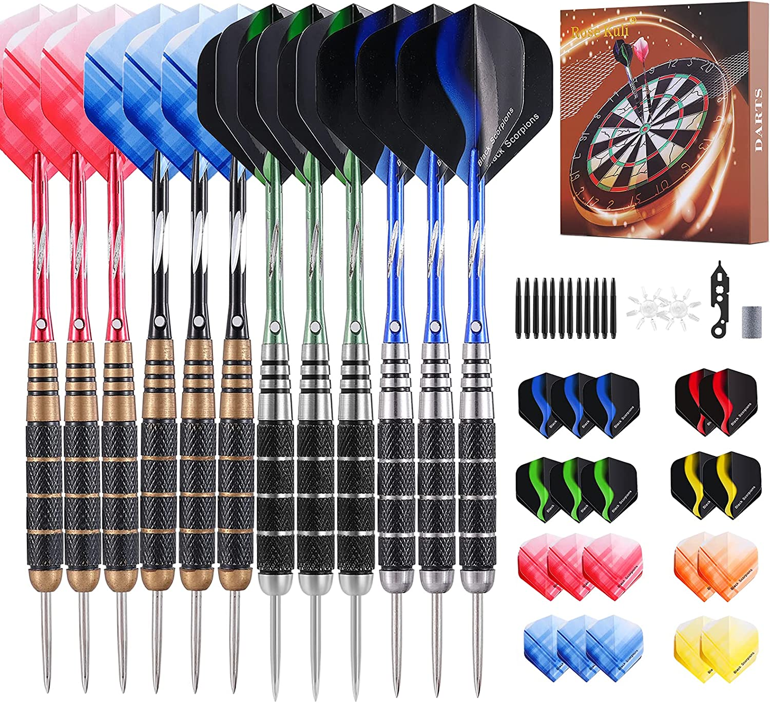 Steel Tip Darts Set, 12 Pack 24 Grams Professional Metal Dart Set with 20 Flights(4 Style) + 12 Aluminium Shaft image 0