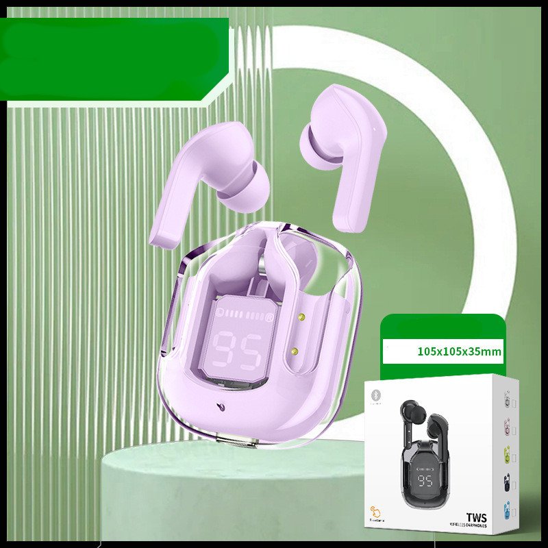 New Mini Transparent Wireless Bluetooth Headset Digital Display ENC Noise Reduction True Wireless Sports Music - Neutral box Purple pink image