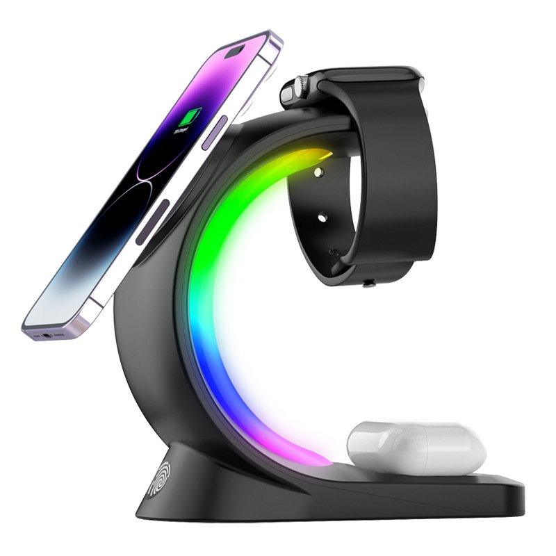 4 In 1 Magnetic Wireless Charger Fast Charging For Smart Phone Atmosphere Light Charging Station For Airpods Pro I-phone Watch image 2