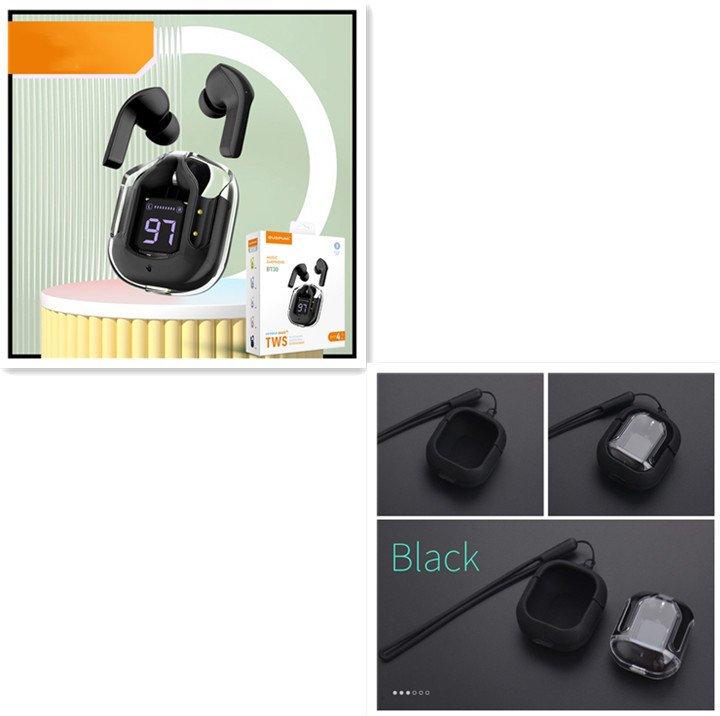 New Mini Transparent Wireless Bluetooth Headset Digital Display ENC Noise Reduction True Wireless Sports Music - Large gift box Black set image