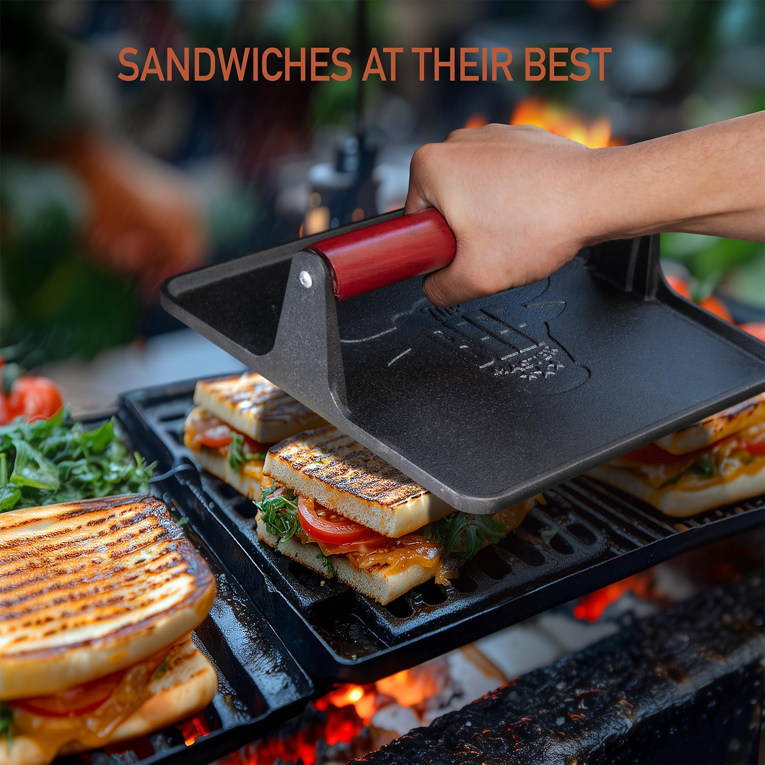 The Beef Master Cast Iron Grill Press - XL Burger Press, Pre-Seasoned Griddle Press, Heavy Duty Meat Press for Bacon, Burgers, and Steak with Cool Touch Handle - 10”X10”X4” image 4
