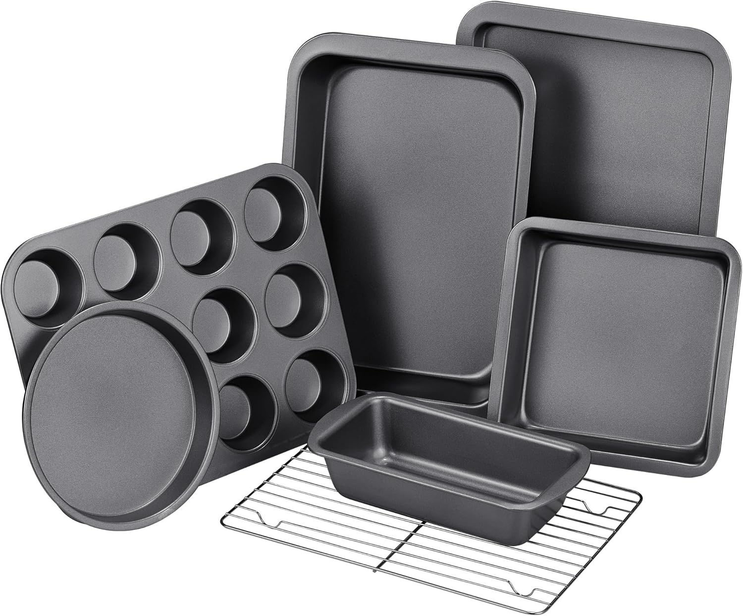 Baking Pans Sets, Nonstick Bakeware Sets 7-Piece with Round/Square Cake Pan, Loaf Pan, Muffin Pan, Cookie Sheet, Roast Pan, Cooling Rack, Carbon Steel Bake Set image 0