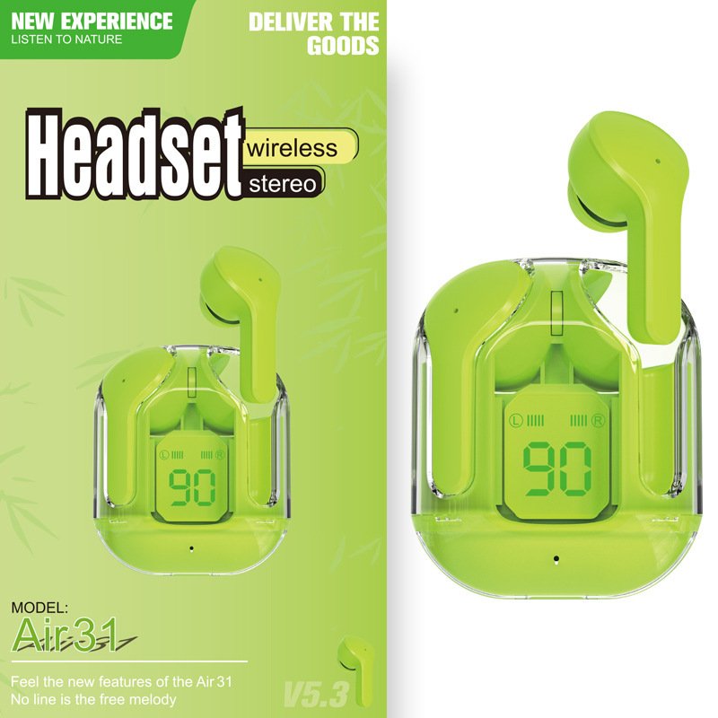 New Mini Transparent Wireless Bluetooth Headset Digital Display ENC Noise Reduction True Wireless Sports Music - Green Extra Long Range image