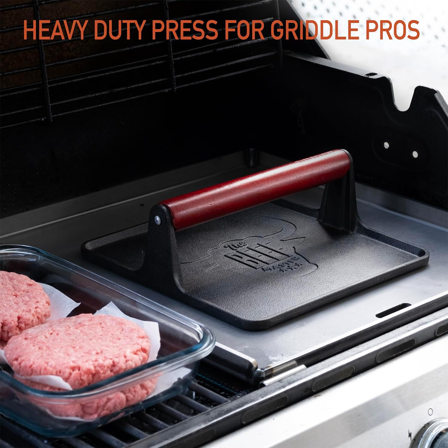 The Beef Master Cast Iron Grill Press - XL Burger Press, Pre-Seasoned Griddle Press, Heavy Duty Meat Press for Bacon, Burgers, and Steak with Cool Touch Handle - 10”X10”X4” image 2