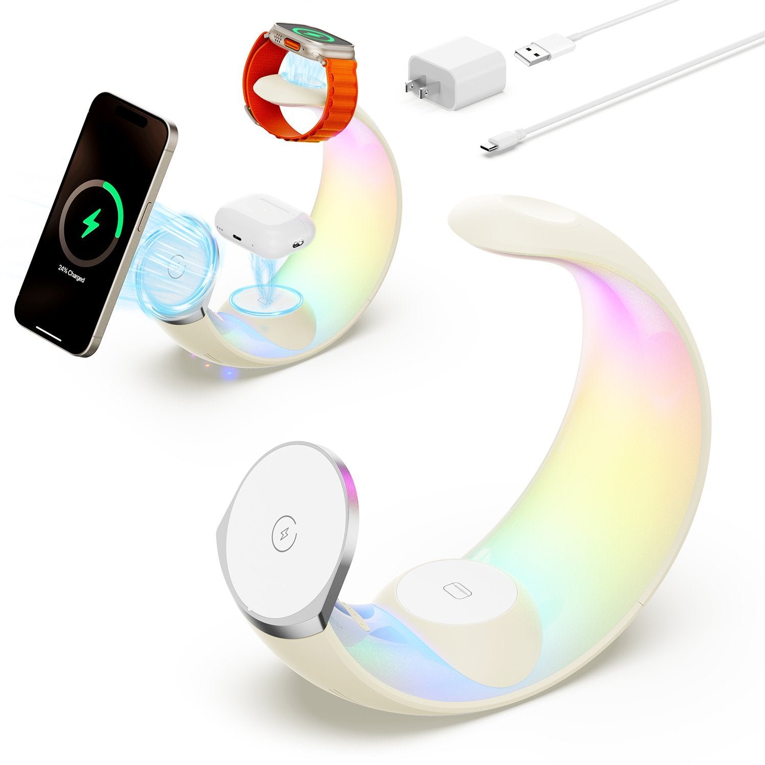 4-in-1 Crescent Magnetic Wireless Charger Stand For Multiple Devices NO Plug - Yellow image