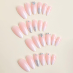 Medium Press on Nails Almond Ombre White Pink Silver Fake Nails Rhinestone Bling Glue on Nails Women Cute Stick on Nails for Acrylic Gel False Nails Wedding Birthday image 2