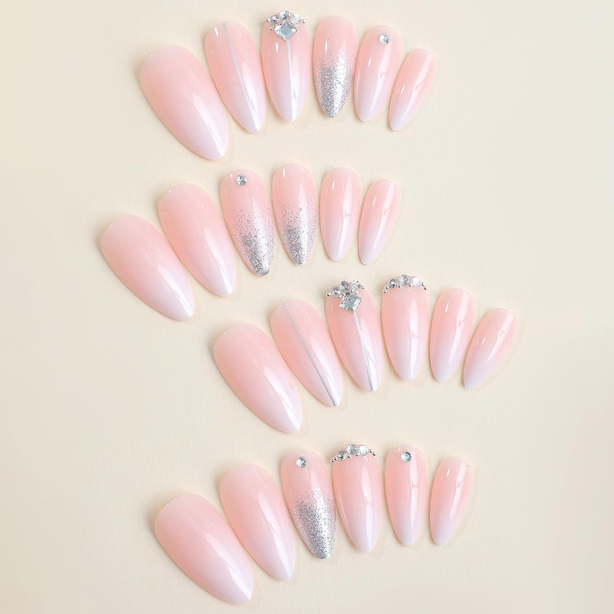 Medium Press on Nails Almond Ombre White Pink Silver Fake Nails Rhinestone Bling Glue on Nails Women Cute Stick on Nails for Acrylic Gel False Nails Wedding Birthday image 2