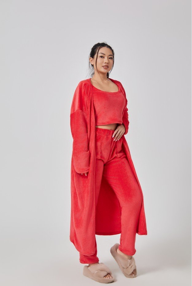 Cozy Pajama Set, 3 Piece Lounge Set, Cute Loungewear, Warm Suit Sets, Matching Set, Lounge Set, 3 Piece Pant Sets, Women Winter Dress - Red, M image