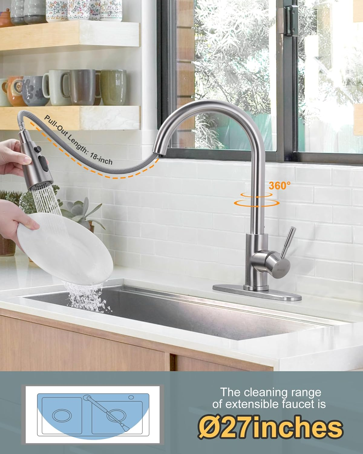 Kitchen Faucet with Sprayer, Kitchen Sink Faucet, SUS 304 Stainless Steel, High Arc Single Handle Brushed Nickel Kitchen Faucets with Pull down Sprayer, Pull Out Kitchen Faucet with Deck Plate image 2