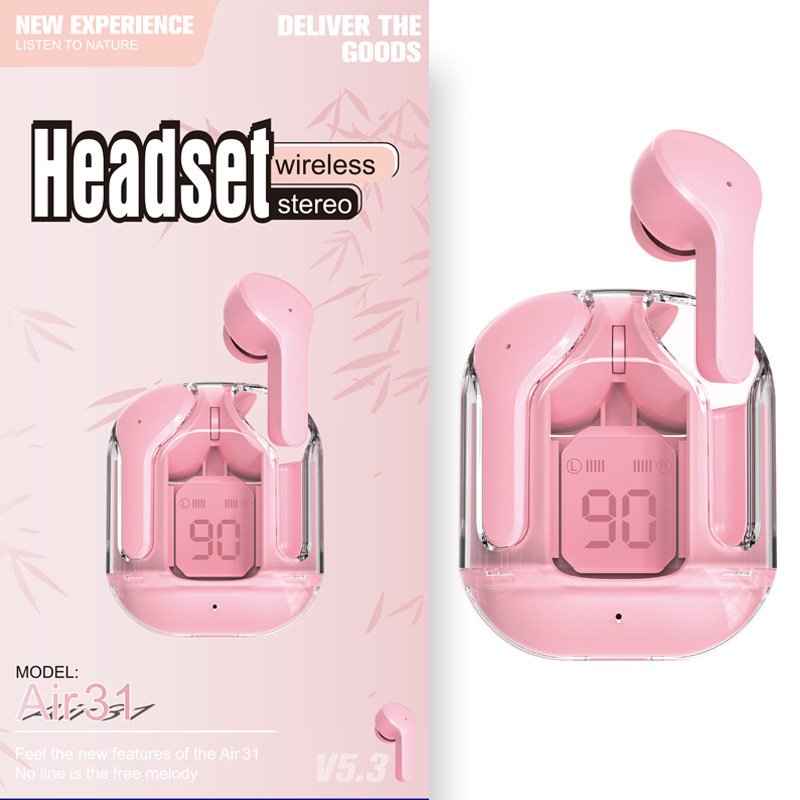 New Mini Transparent Wireless Bluetooth Headset Digital Display ENC Noise Reduction True Wireless Sports Music - Pink Extra Long Range image