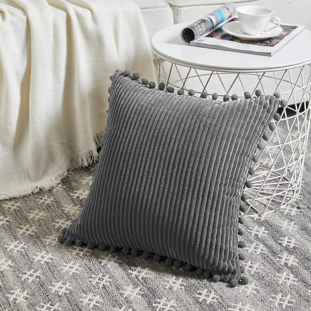 Dark Gray Decorative Throw Pillow Covers 18X18 Inch with Pom Poms, Boho Farmhouse Home Decor, Soft Corduroy Accent Square Cushion Case for Living Room Couch Bed Sofa 45X45 Cm image 1