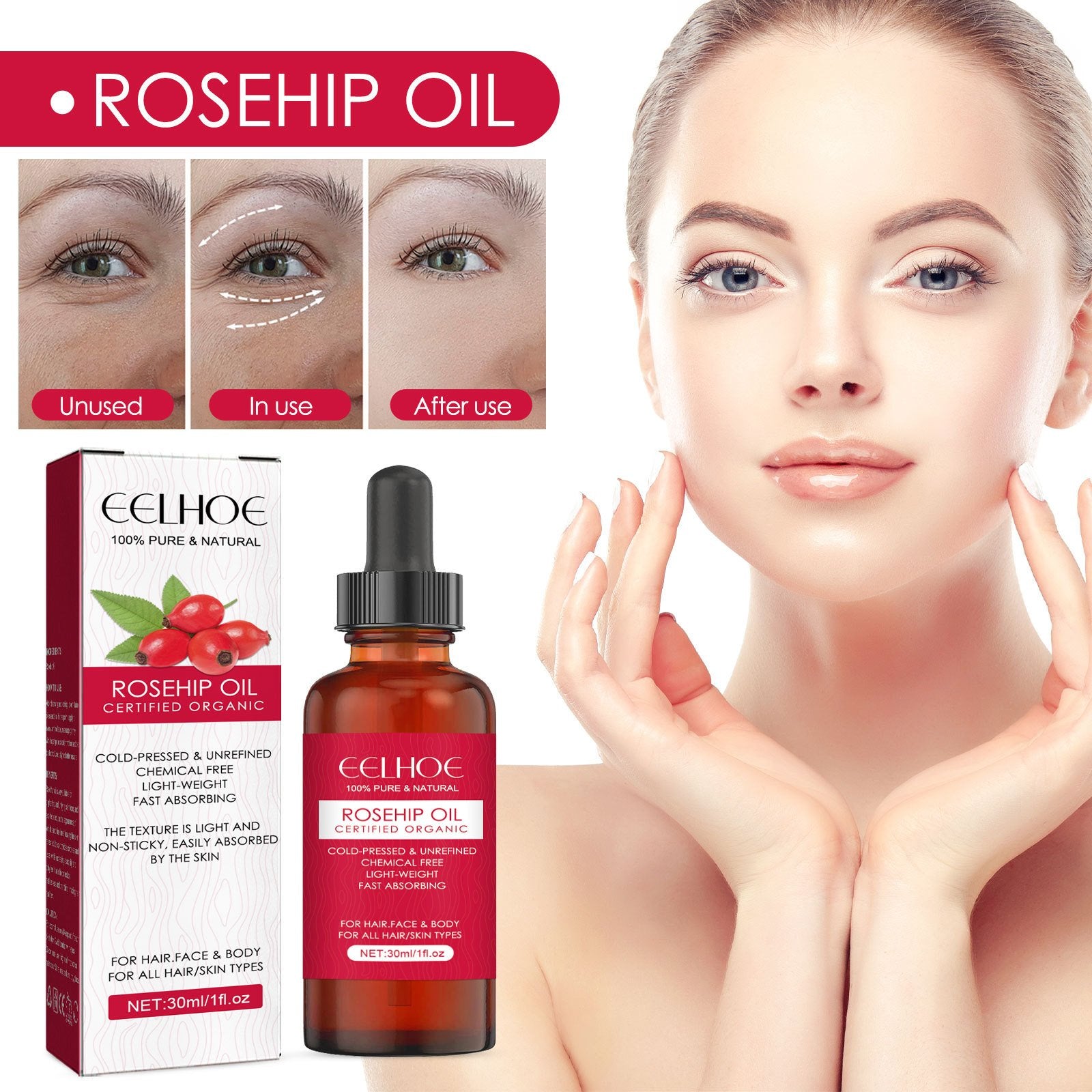 EELHOE Rosehip Facial Oil For Facial And Body Hydration, Nourishing Skin Care, Smooth Hair Care, And Massage Oil image 0