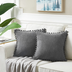 Dark Gray Decorative Throw Pillow Covers 18X18 Inch with Pom Poms, Boho Farmhouse Home Decor, Soft Corduroy Accent Square Cushion Case for Living Room Couch Bed Sofa 45X45 Cm image 5