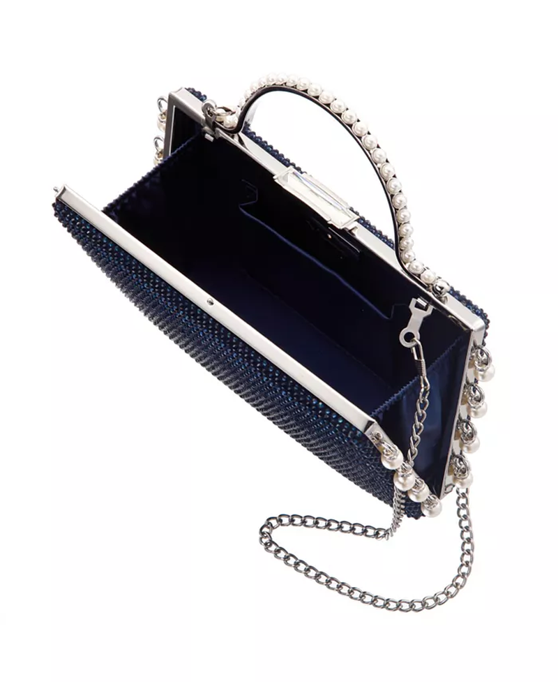 Cultivated Pearl Dangle Crystal Embellished Minaudiere Clutch image 2
