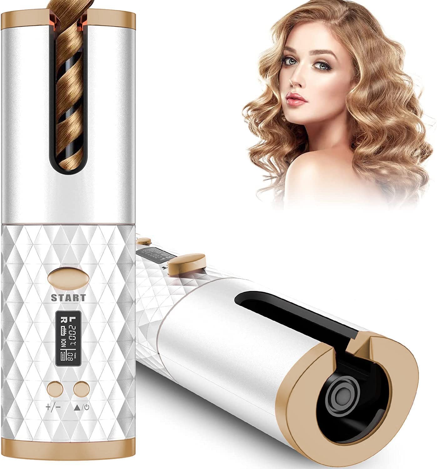 Portable Automatic Hair Curler, Ceramic Rotating Wireless Auto Curling Iron Wand, Portable USB Rechargeable Spin Curler For Hair Styling - White image
