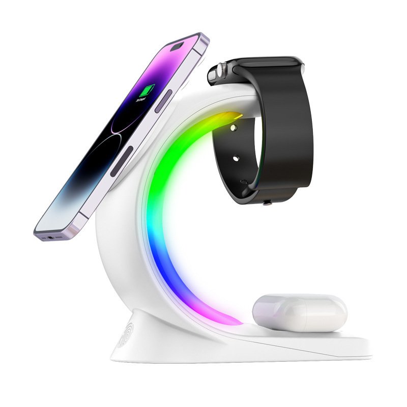 4 In 1 Magnetic Wireless Charger Fast Charging For Smart Phone Atmosphere Light Charging Station For Airpods Pro I-phone Watch - White image