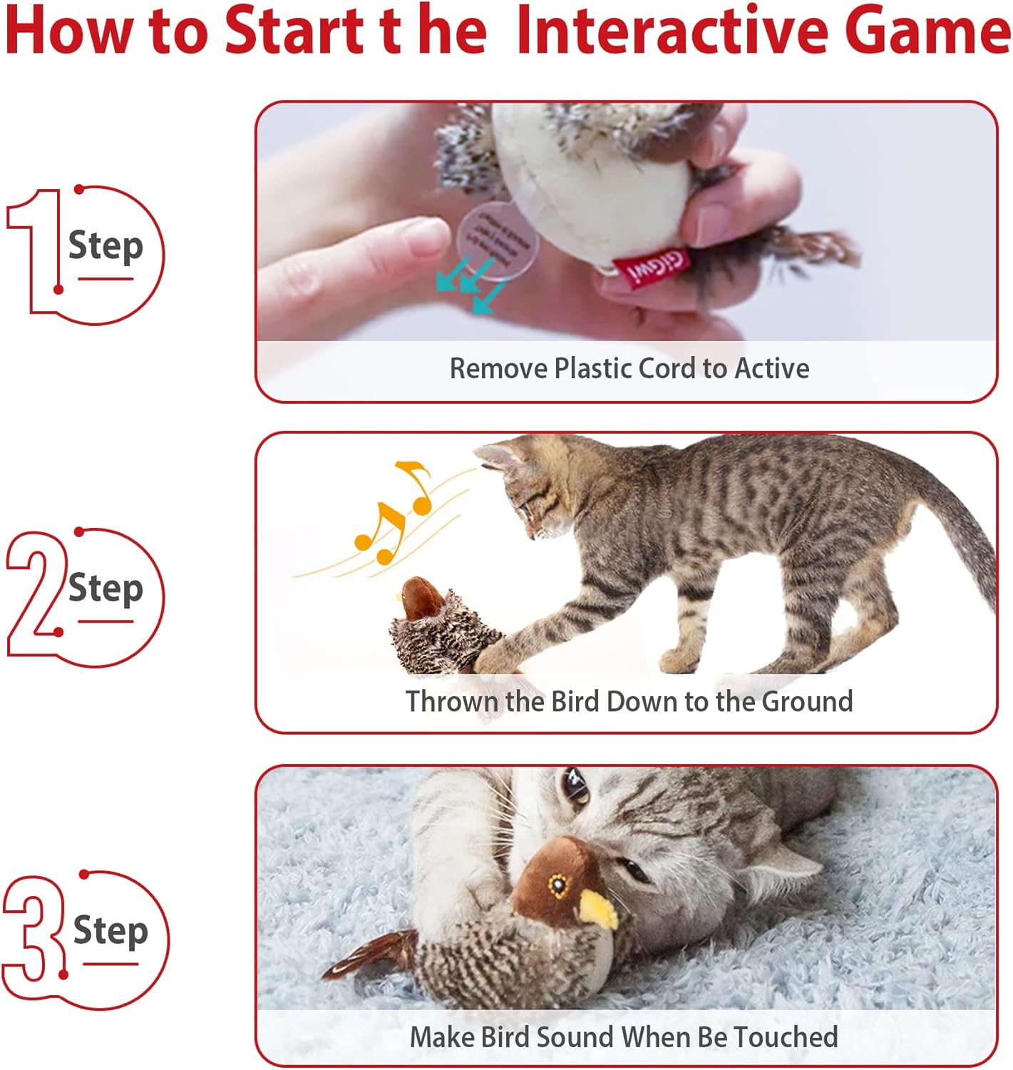 Chirping Bird Cat Toy Set, Interactive Chasing Toy for Indoor Cat, Motion Activated Kitten Play Toys, Squeaky Cats Animal Feather Toy for All Breeds Cats Kicker image 2