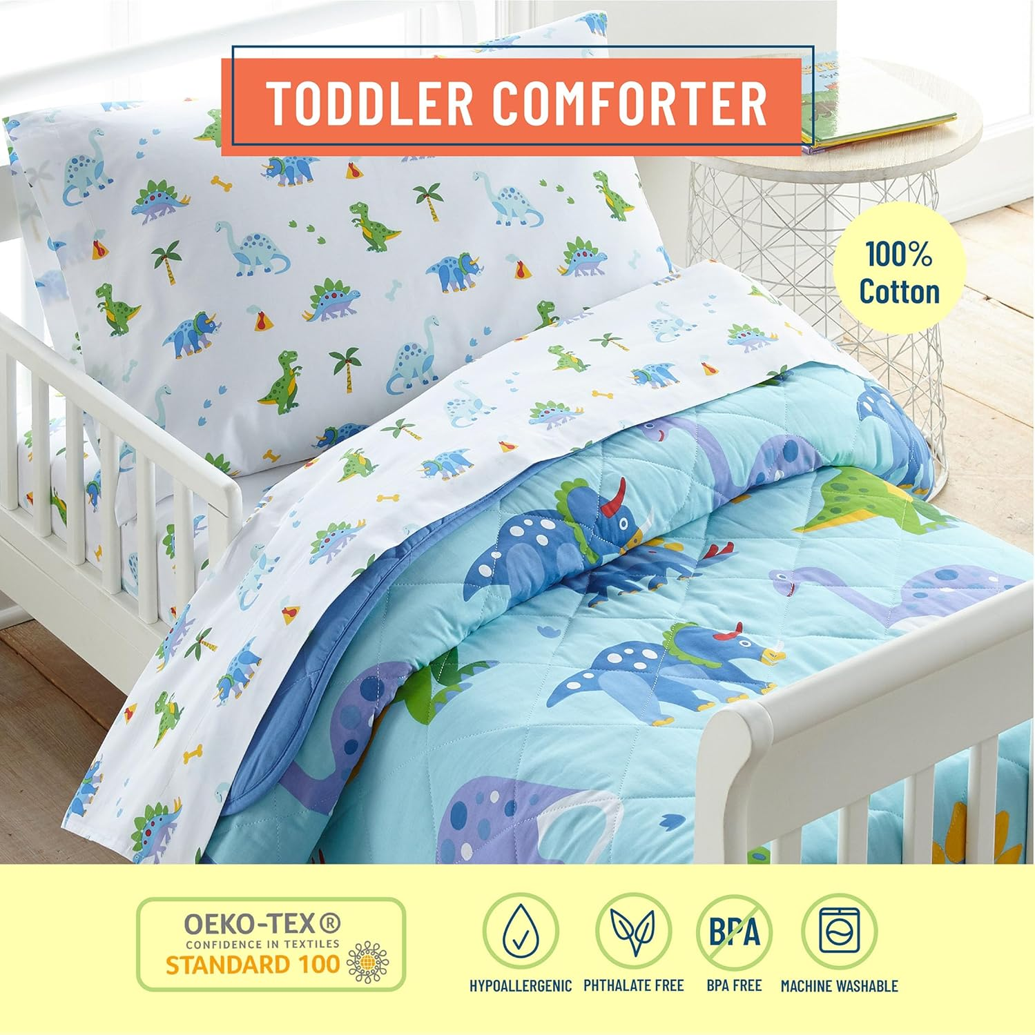 Kids Cotton Toddler Comforter – Soft &amp; Lightweight, Fits Standard Crib Mattress - Dinosaur Land image 1
