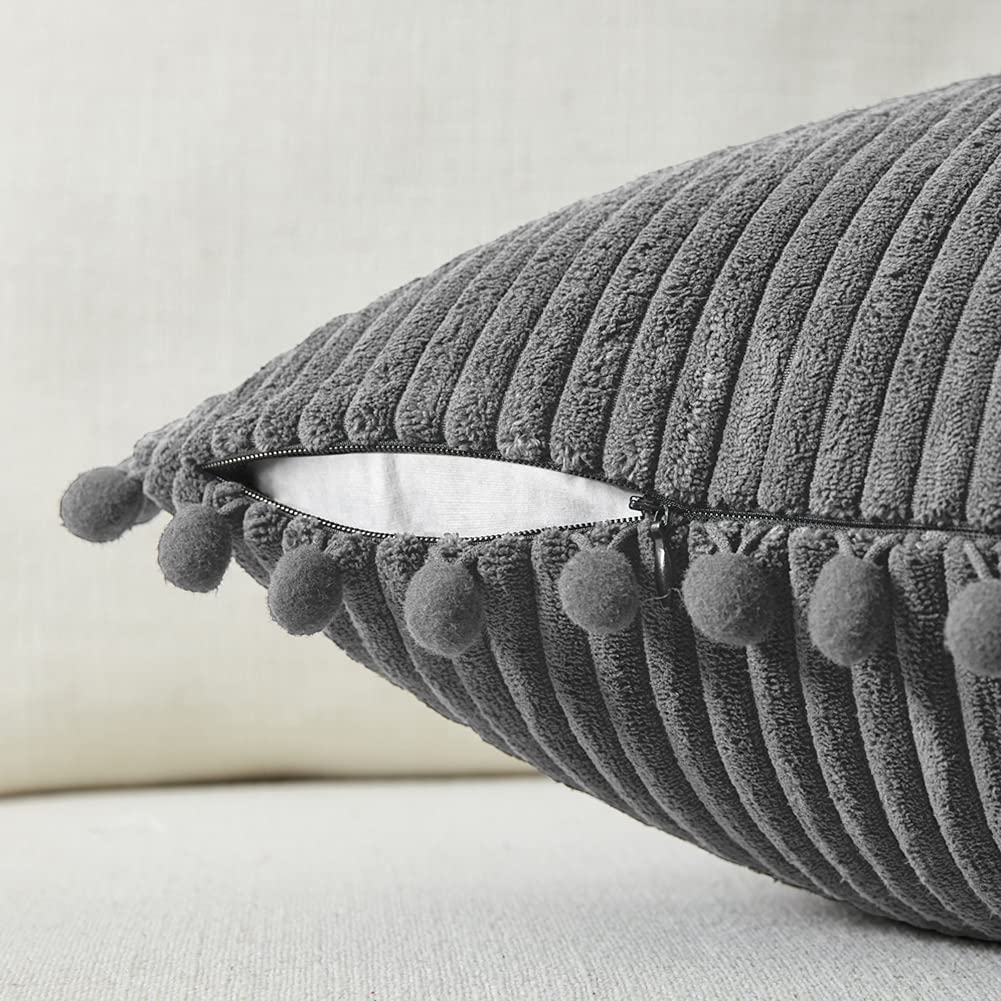 Dark Gray Decorative Throw Pillow Covers 18X18 Inch with Pom Poms, Boho Farmhouse Home Decor, Soft Corduroy Accent Square Cushion Case for Living Room Couch Bed Sofa 45X45 Cm image 2