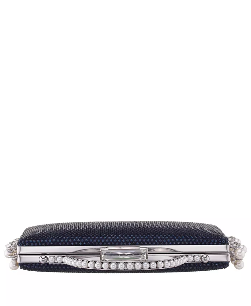 Cultivated Pearl Dangle Crystal Embellished Minaudiere Clutch image 3