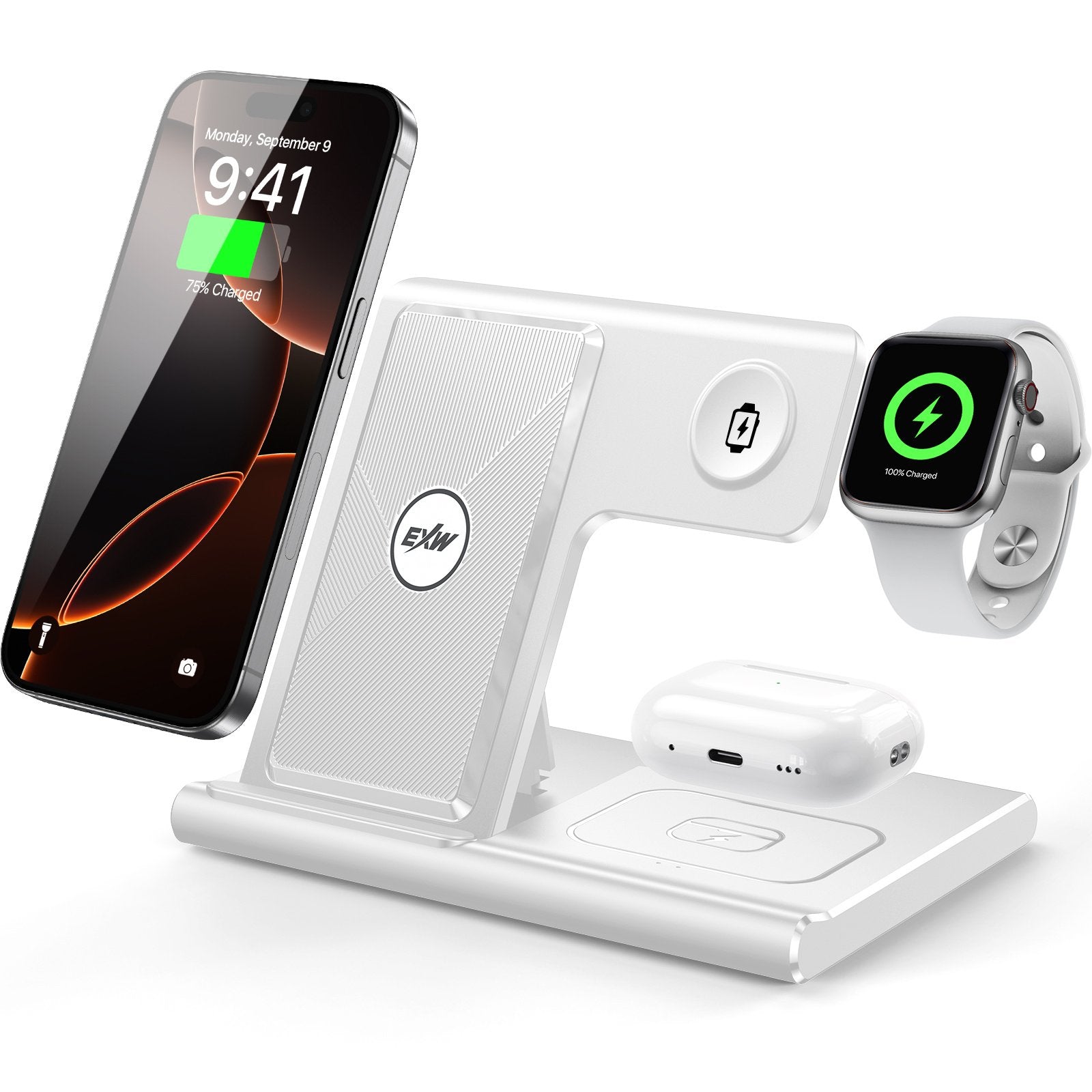 3 In 1 Wireless Charging Sation For Multiple Devices 15W Fast Charging Stand - White image