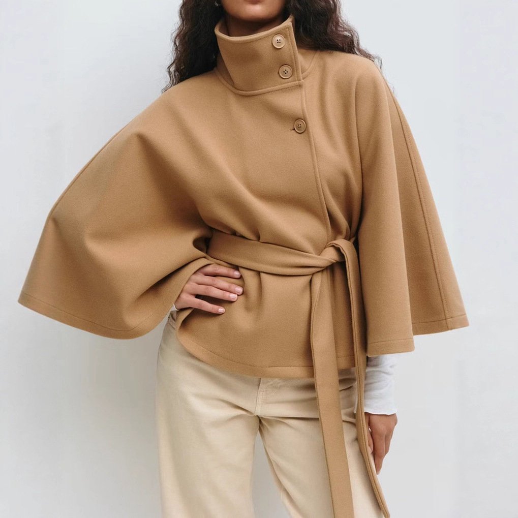 Winter High Neck Batwing Sleeve Coat With Belt Fashion Loose Elegant Button Top Trench Coat For Women Clothing image 0