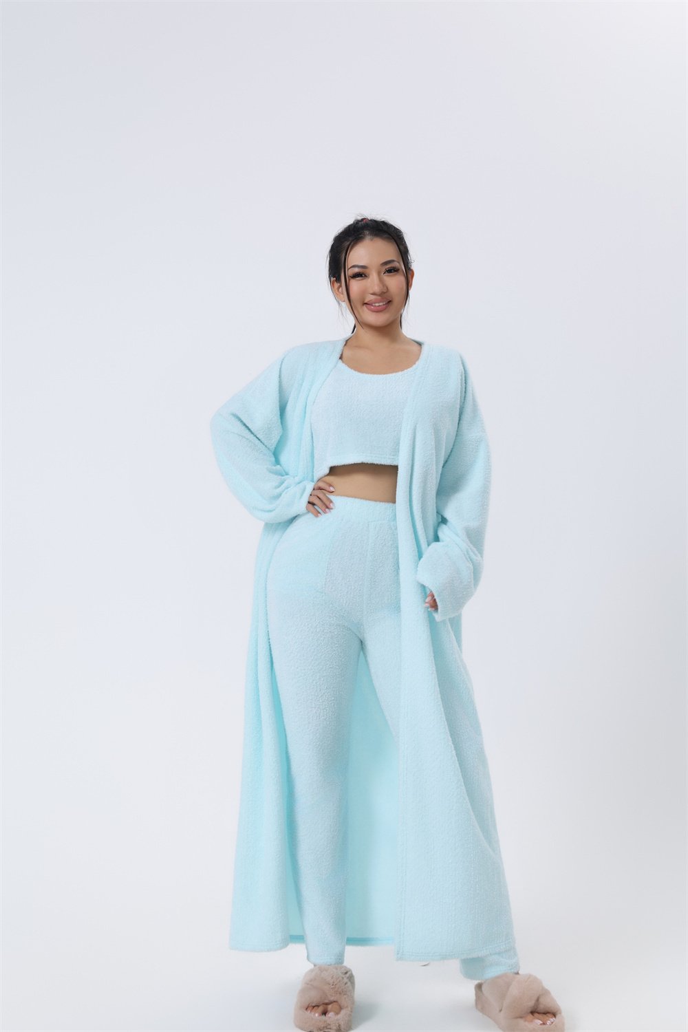 Cozy Pajama Set, 3 Piece Lounge Set, Cute Loungewear, Warm Suit Sets, Matching Set, Lounge Set, 3 Piece Pant Sets, Women Winter Dress - Light blue, M image