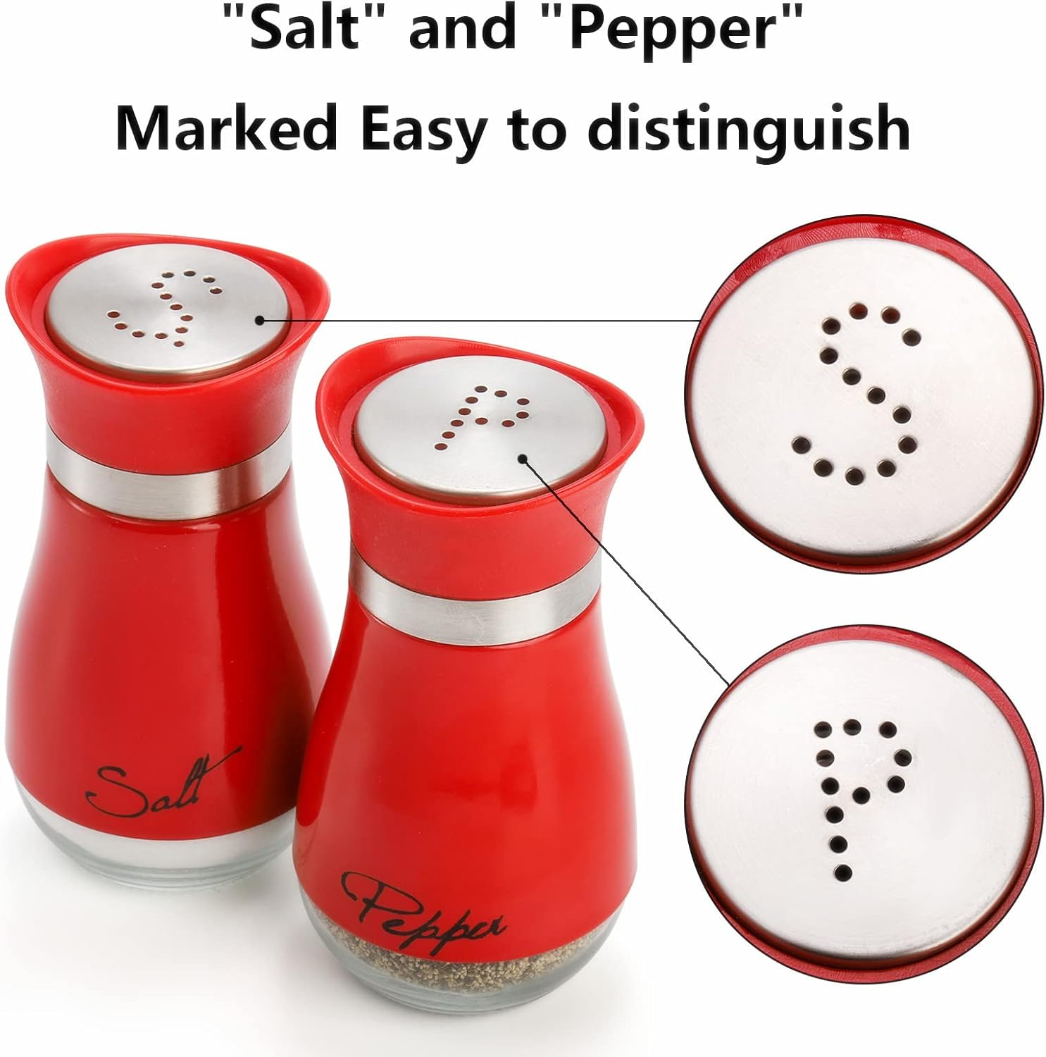 4 Ounces Red Salt and Pepper Shakers Set, Elegant Stainless Steel with Glass Bottom image 3