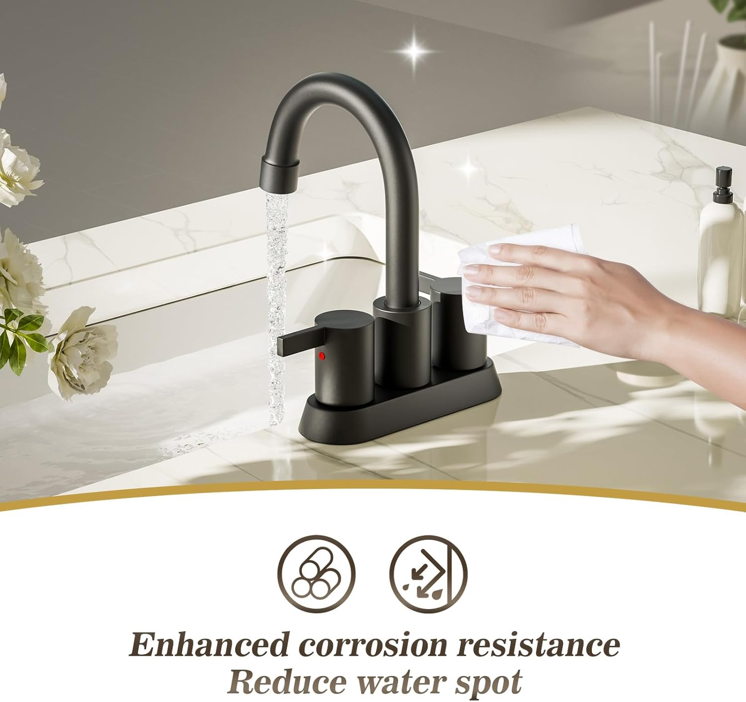 4 Inch 2 Handle Centerset Matte Black Lead-Free Modern Bathroom Faucet, 360 Swivel Spout 2-3 Hole RV Bathroom Vanity Sink Faucet with Pop up Drain and Water Supply Lines，Bf015-1-Mb image 3