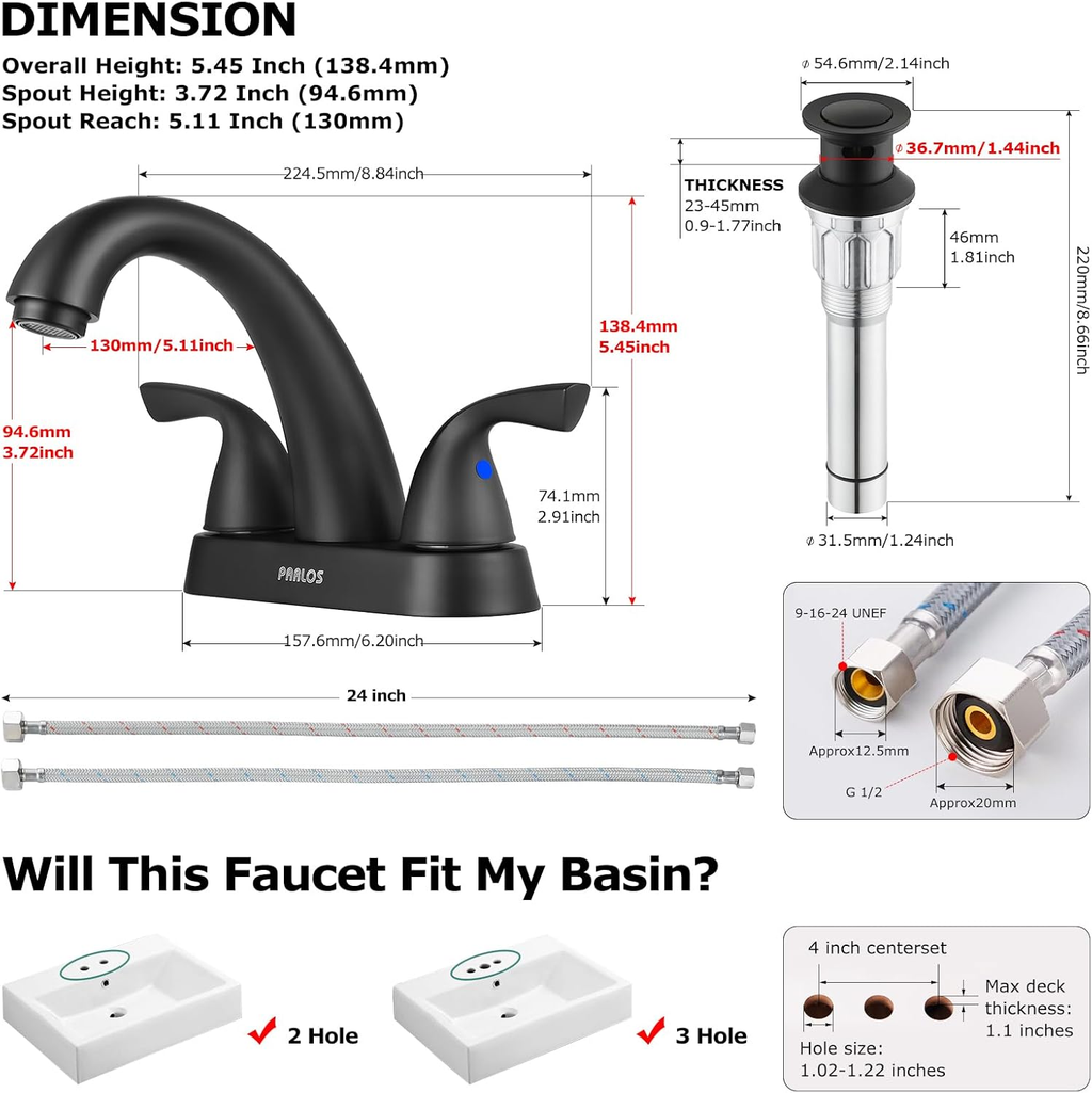2-Handle Bathroom Sink Faucet with Drain Assembly and Supply Hoses Matte Black,1359804 image 4