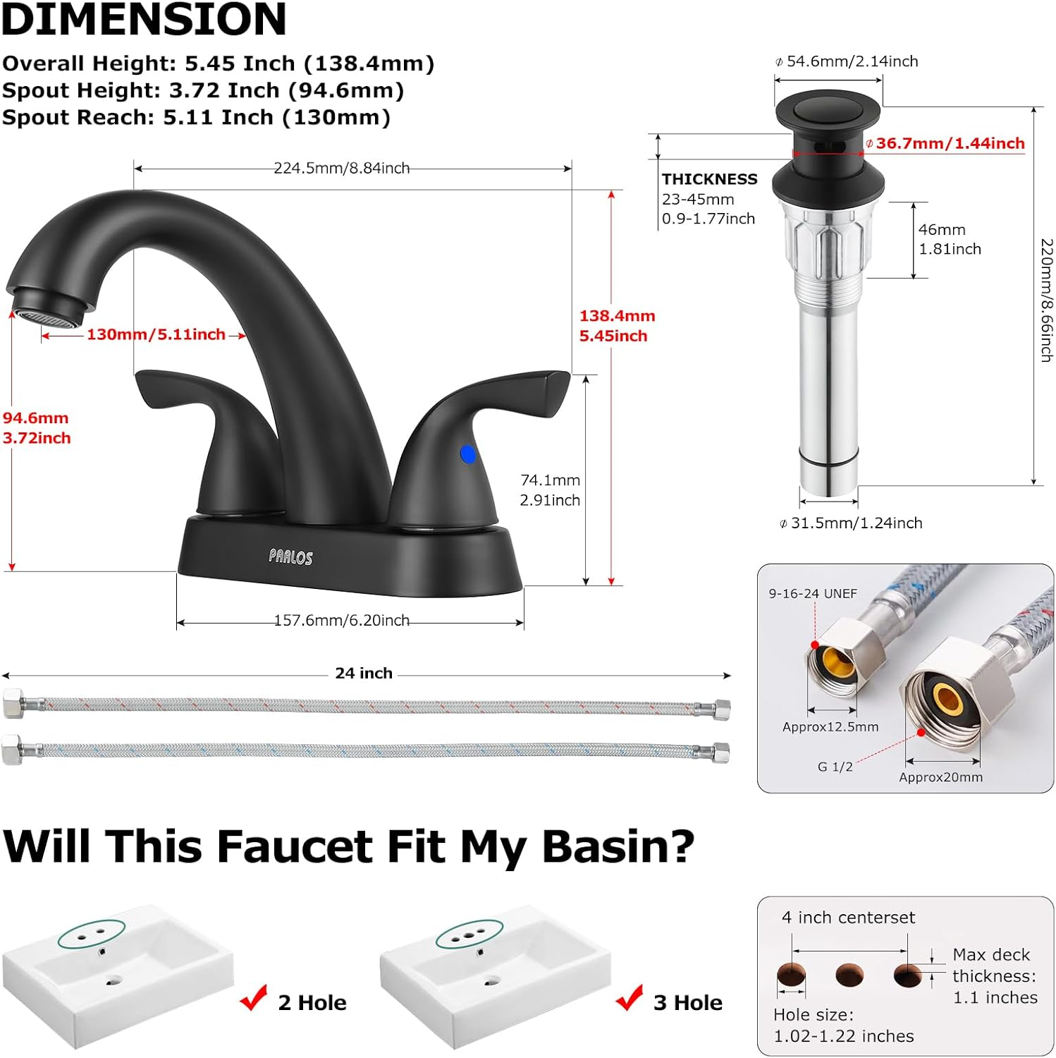 2-Handle Bathroom Sink Faucet with Drain Assembly and Supply Hoses Matte Black,1359804 image 4
