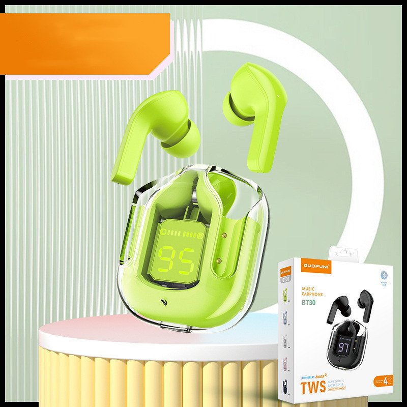 New Mini Transparent Wireless Bluetooth Headset Digital Display ENC Noise Reduction True Wireless Sports Music - Large gift box Green image