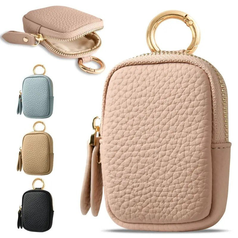 Leather Coin Purse, Small Change Purse Keychain Wallet For Women, Mini Coin Pouch With Zipper - Pink image