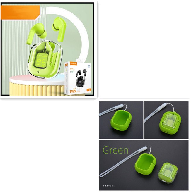 New Mini Transparent Wireless Bluetooth Headset Digital Display ENC Noise Reduction True Wireless Sports Music - Large gift box Green set image