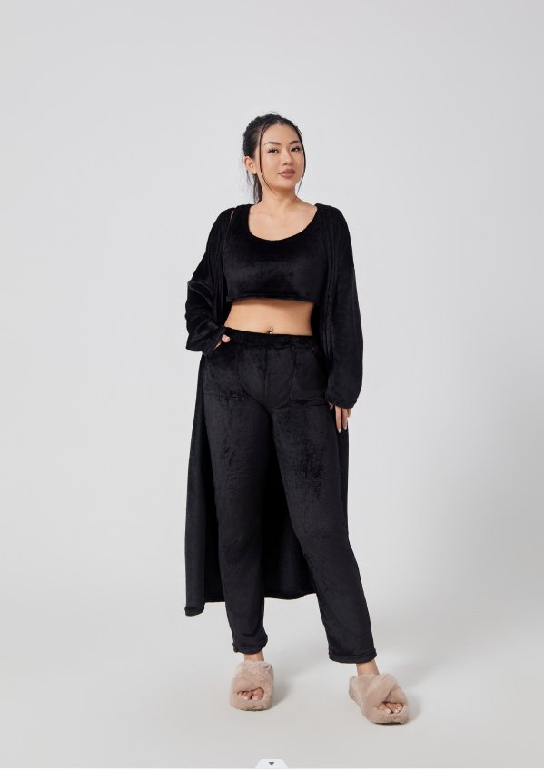Cozy Pajama Set, 3 Piece Lounge Set, Cute Loungewear, Warm Suit Sets, Matching Set, Lounge Set, 3 Piece Pant Sets, Women Winter Dress - Black, L image