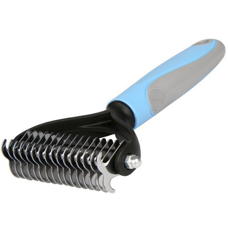 Grooming Brush For Pet Dog Cat Deshedding Tool Rake Comb Fur Remover Reduce 2-Side Dematting Tool For Dogs Cats Pets Grooming Brush Double Sided Shedding And Dematting Undercoat Rake Hair Removal Comb - Blue image