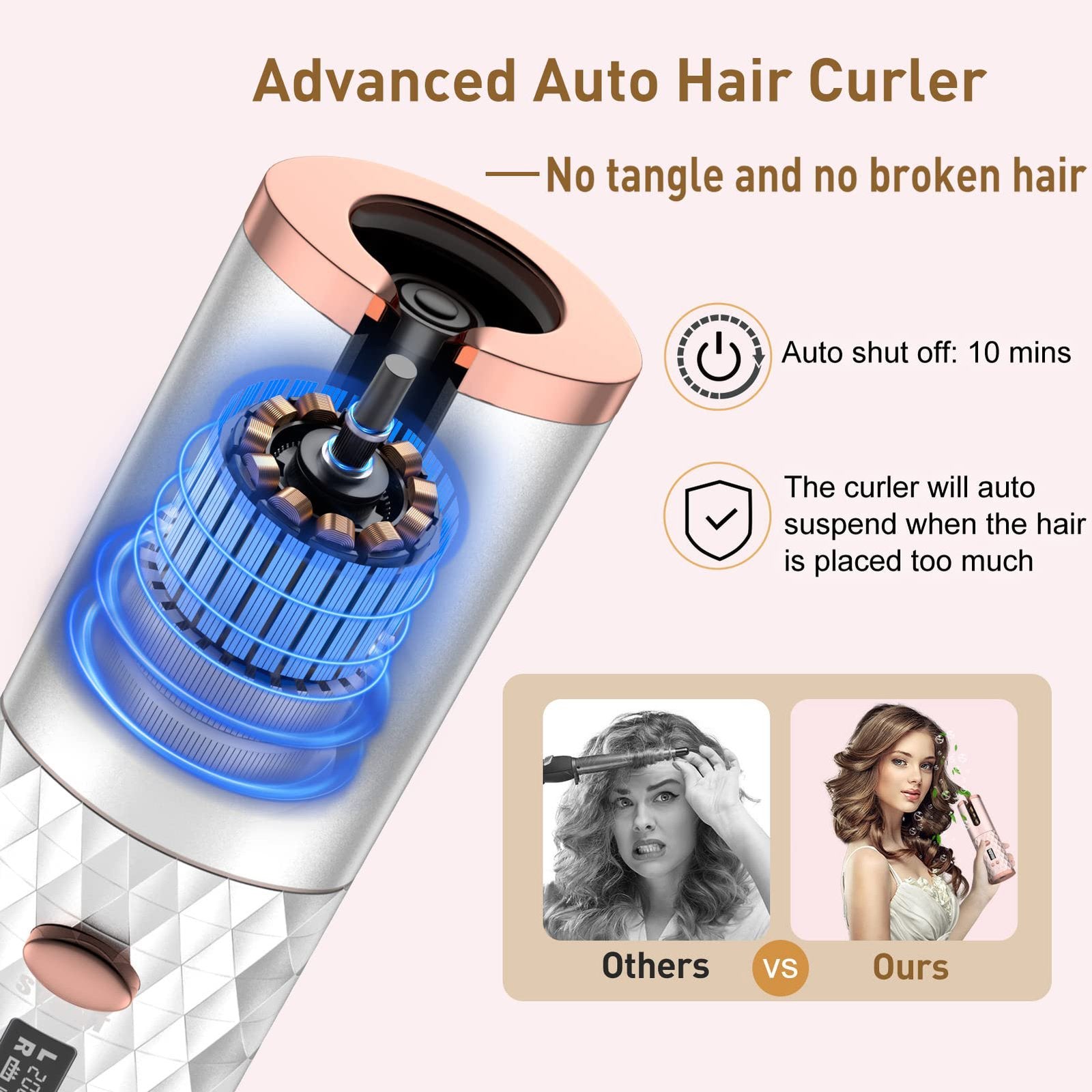 Portable Automatic Hair Curler, Ceramic Rotating Wireless Auto Curling Iron Wand, Portable USB Rechargeable Spin Curler For Hair Styling image 9