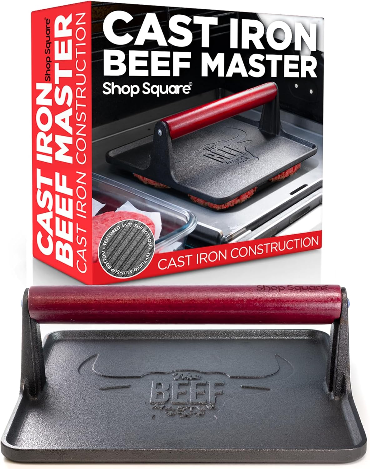 The Beef Master Cast Iron Grill Press - XL Burger Press, Pre-Seasoned Griddle Press, Heavy Duty Meat Press for Bacon, Burgers, and Steak with Cool Touch Handle - 10”X10”X4” image 0