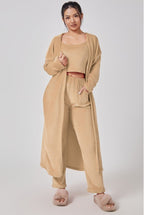Cozy Pajama Set, 3 Piece Lounge Set, Cute Loungewear, Warm Suit Sets, Matching Set, Lounge Set, 3 Piece Pant Sets, Women Winter Dress - Camel, XL image