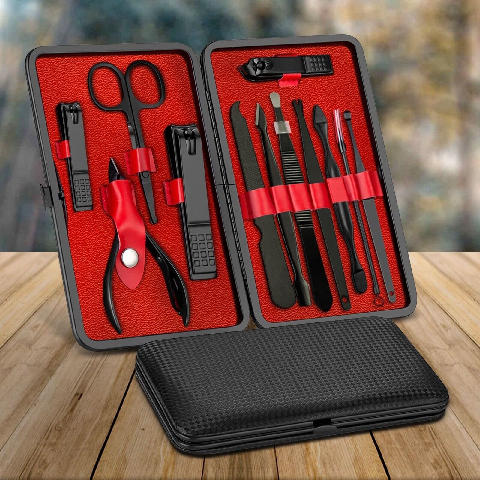 12 Pieces Manicure Pedicure Nail Care Set Cutter Clippers Tool Kit For Women Men - Black and red image